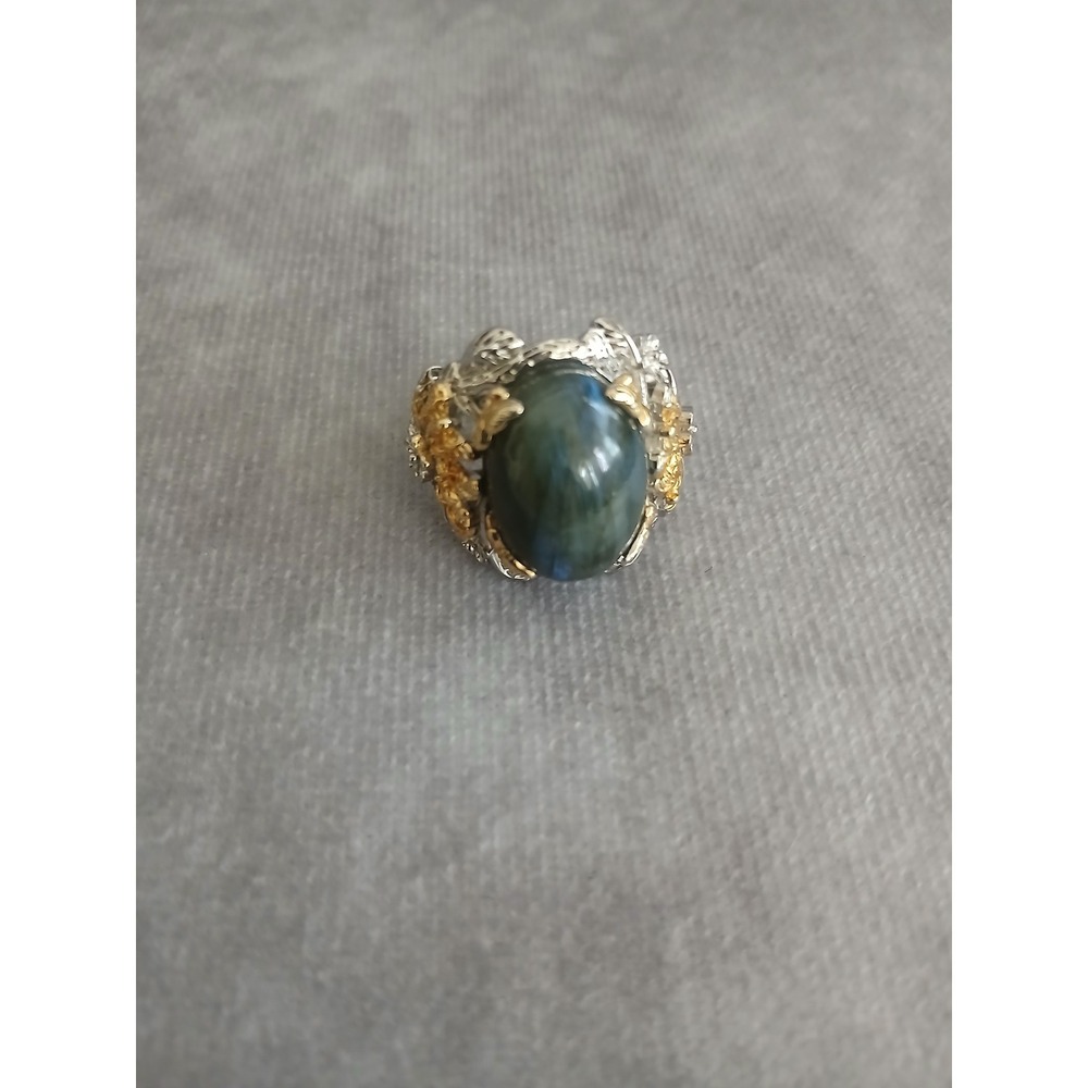 EverTrue Labradorite Two Tone Floral Statement Ring Size 10.25 Blue Flash Silver
